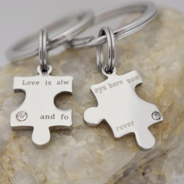 Love is Always Here Now and Forever Puzzle Piece Couples Stainless Steel Keychains